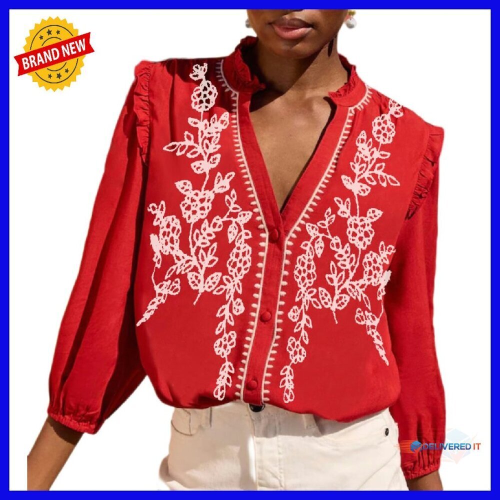 Embroidered 3/4 Sleeve Peasant Blouse V-Neck Button Down Shirt